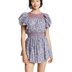 LoveShackFancy Marcella Blue Pink Floral Ruffle Dress- Size M